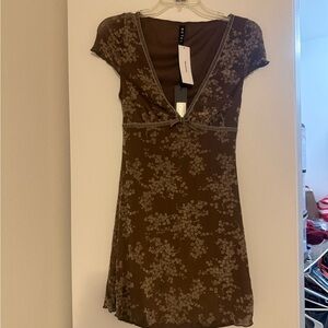 Urban Outfitters Brown Floral V-Neck Mini Dress